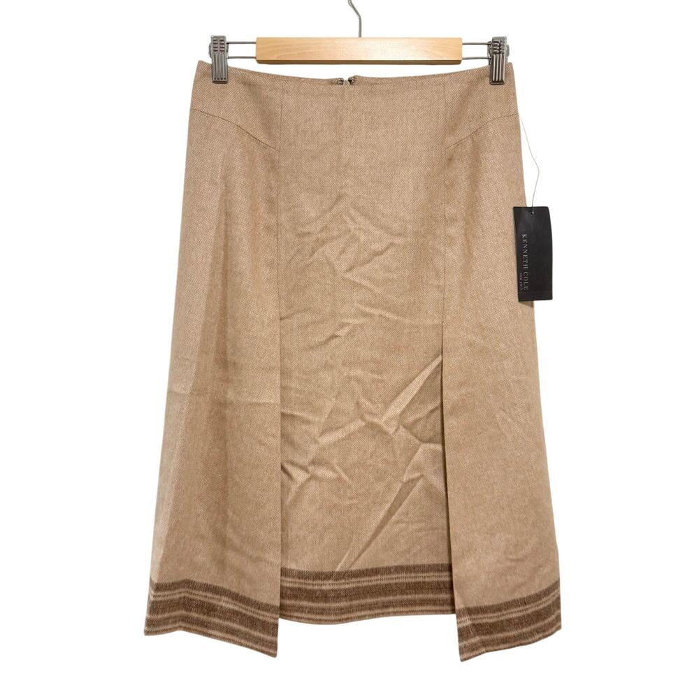 Kenneth Cole Herringbone Wool Blend Skirt Size 2 Tan Knee Length Lined NWT